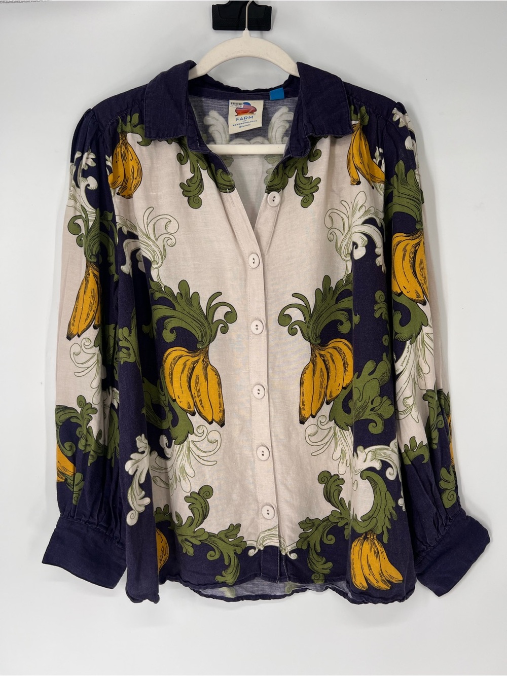 Farm Rio Banana Print Tropical Lightweight Button Down Long Sleeve Shirt Blouse